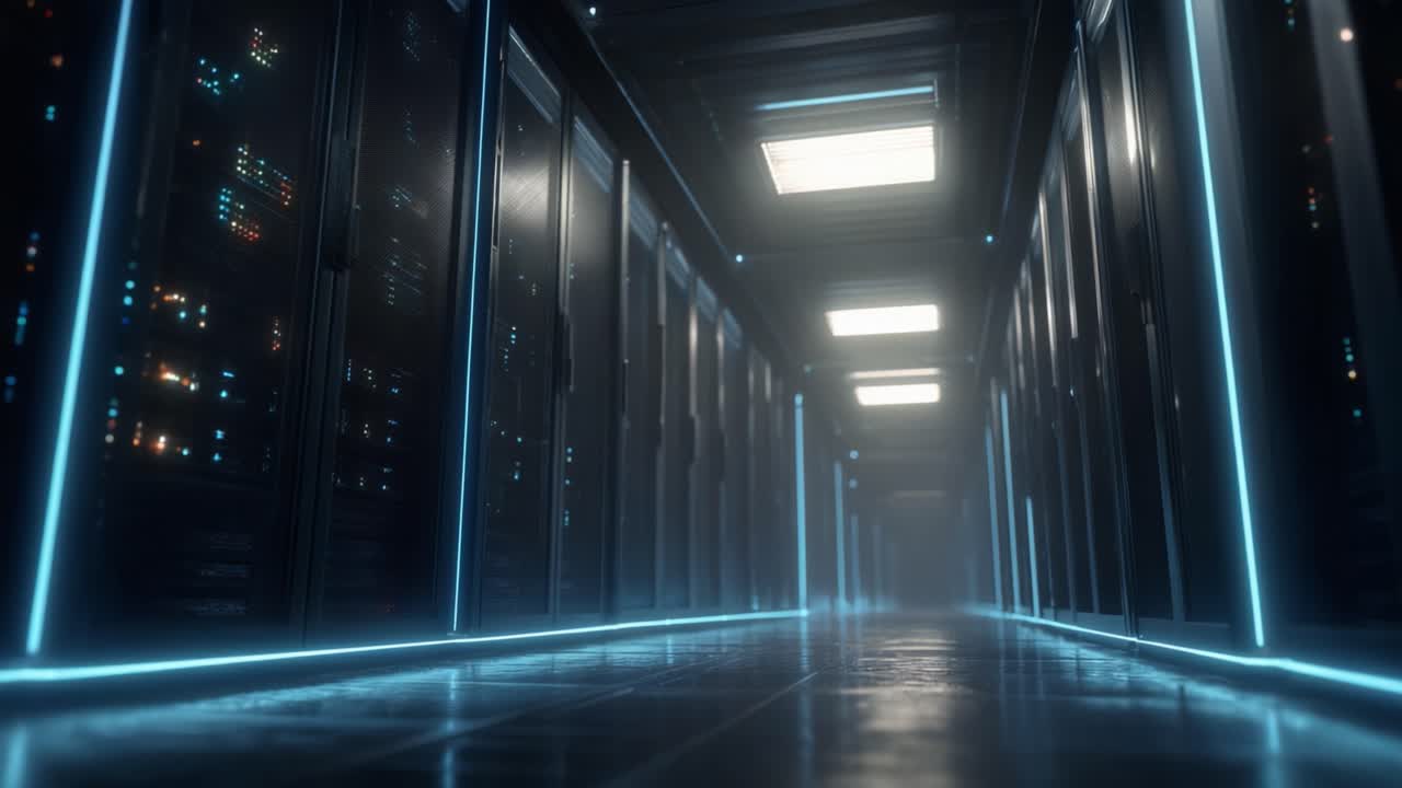 A Glimpse into a High-Tech Data Center Corridor: Illuminated Pathways Among Server Racks in a Modern Digital Infrastructure