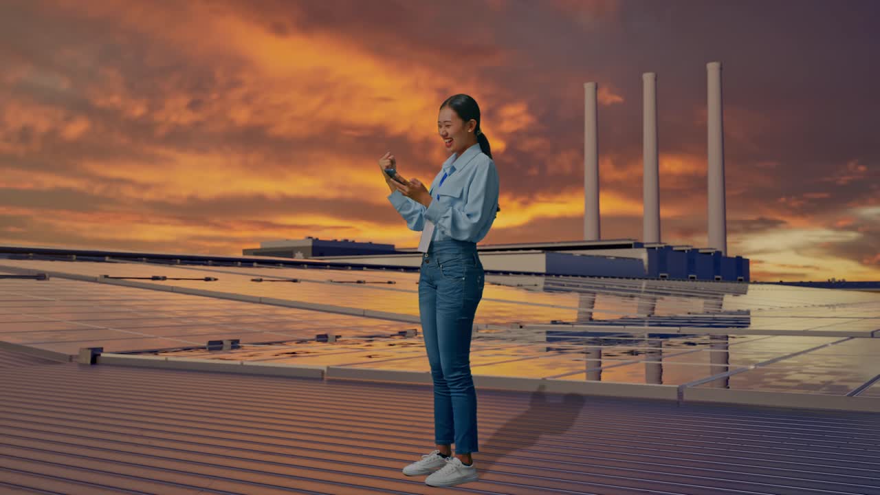 Mujer asiática de cuerpo entero, vista de perfil, con su teléfono, inspecciona paneles solares en una azotea al atardecer, y levanta el puño con un grito de victoria.