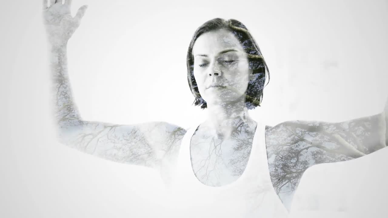 Double exposure of woman practicing yoga