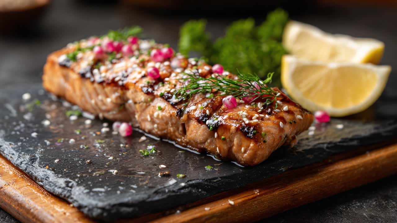 A beautifully plated dish of grilled salmon garnished with fresh herbs and lemon, showcasing vibrant colors and an appetizing presentation, perfect for gourmet dining