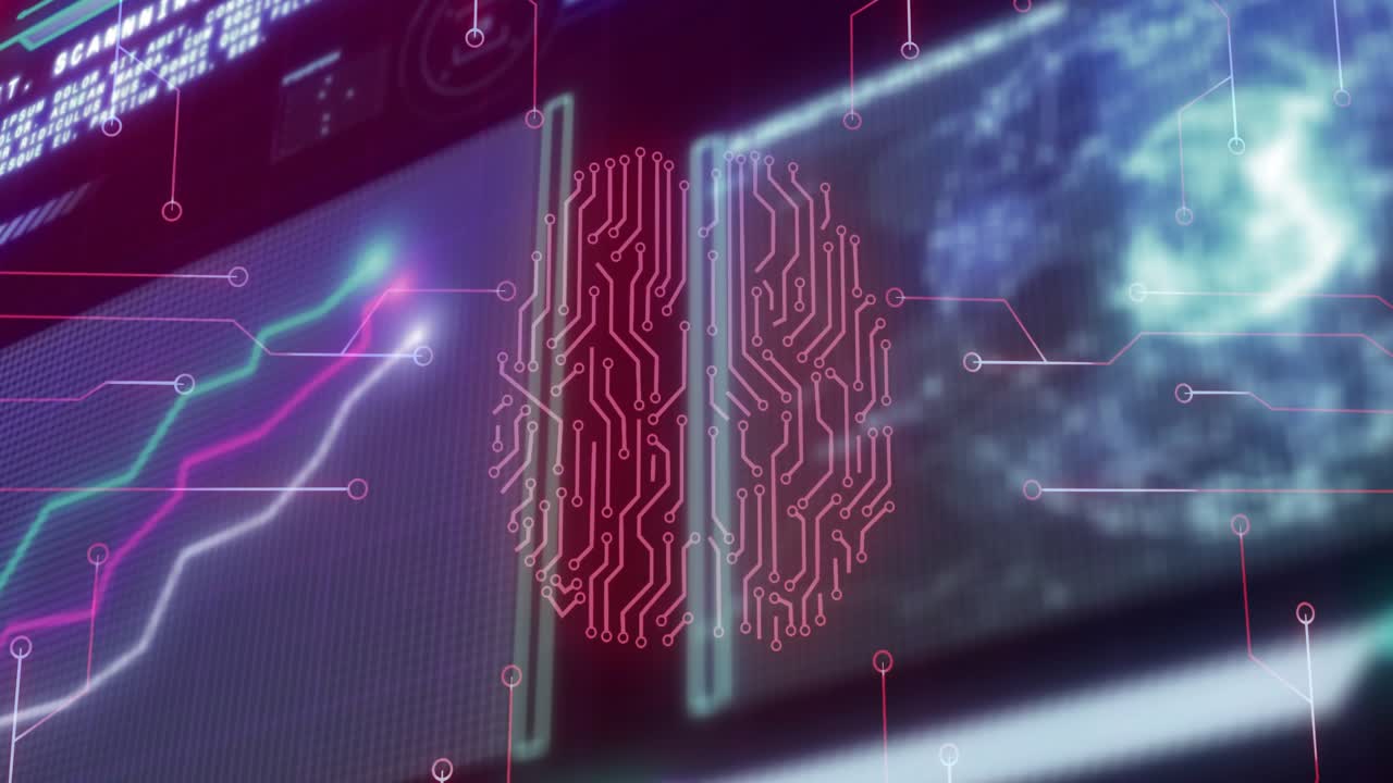Rotating indicator initiating neon circuit patterns converging into brain icon visualizing data