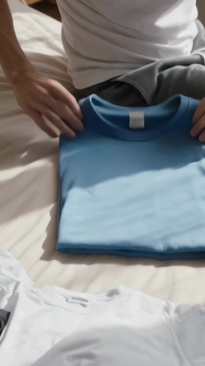Vertical video: Starting with blue shirt on bed, man in white tee folding to tidy, front white tee