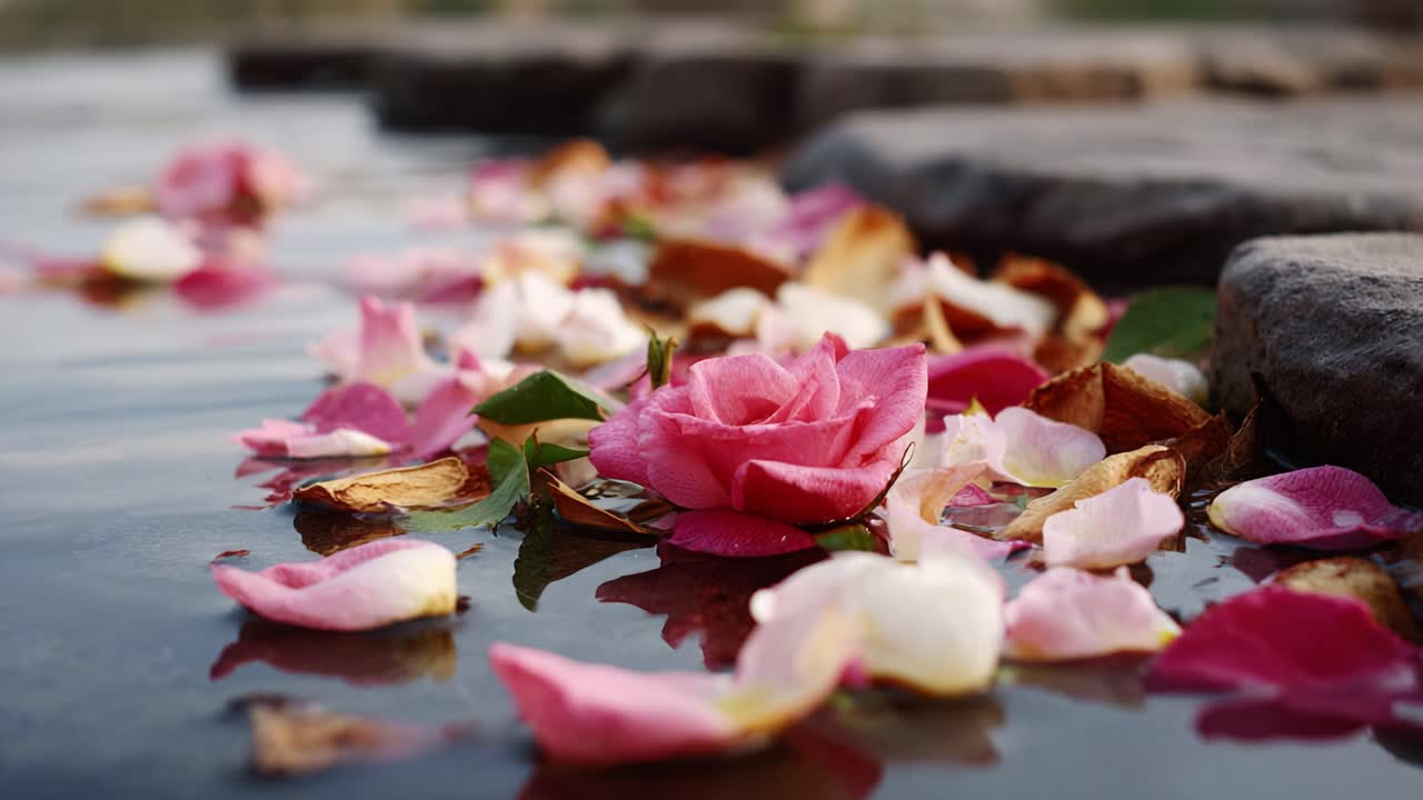 A Serene Reflection of Petals and Roses Floating Gently on Water Surrounded by Stones Enhancing Nature's Beauty and Tranquility in a Peaceful Setting