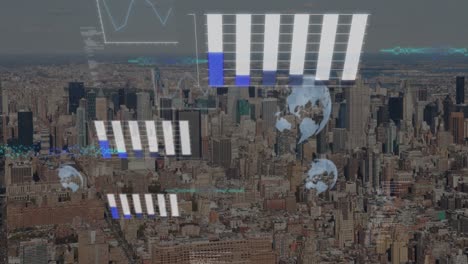 animation of graphs, globes, computer language over aerial view of modern cityscape against sky