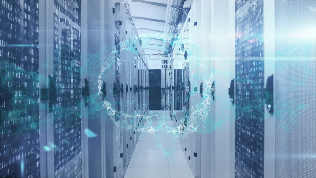 Animation of globe and digital data processing over computer servers