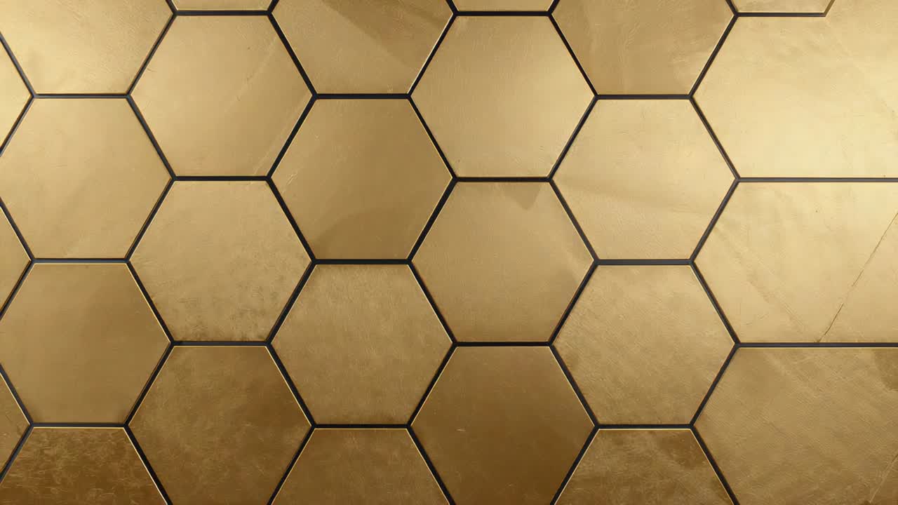 Shifting warm light sweeping across brass hexagonal panels at close-up, revealing seams and smudges