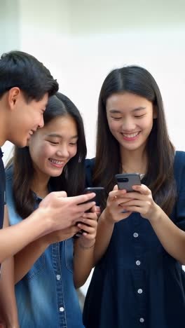 group of asian teenagers with their mobile phones watching social networks.