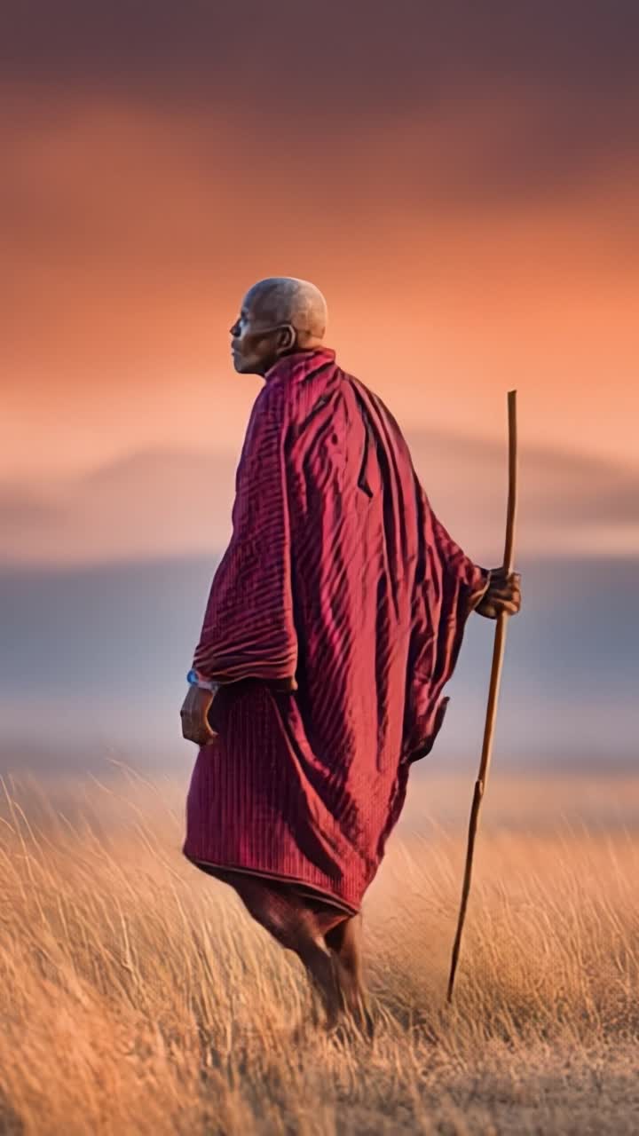 Una figura solitaria in abito tradizionale si erge in praterie dorate, contemplando un tramonto mozzafiato sulle montagne, abbracciando la tranquillità e la bellezza della natura.