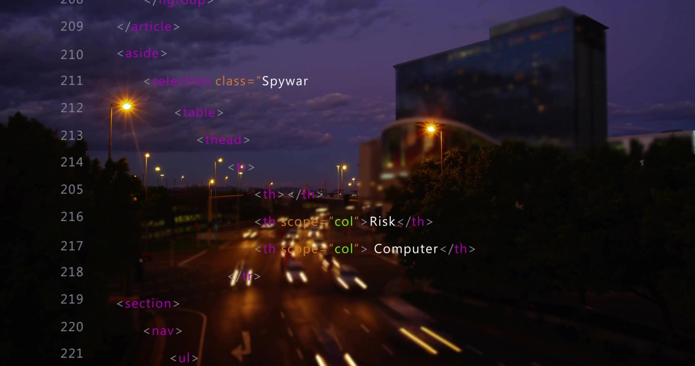 Left code overlay appearing, cascading over dusk road, cars leaving streaks, showing risk