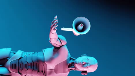 vertical of futuristic humanoid robot cyber with megaphone in 3d rendering animation