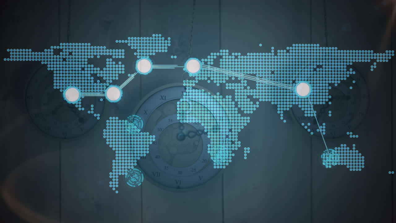 연결 네트워크와 세계 지도의 애니메이션이 여러 시계에 걸쳐 빠르게 움직입니다.