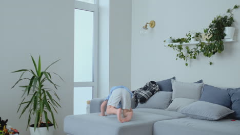 handsome boy with white hair and blue shirt is jumping on the sofa and looking at the camera in slow motion