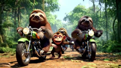 Adventurous Sloths and Monkeys Riding Motorcycles Through Lush Jungle: A Colorful Exploration of Nature and Fun with Vibrant Animal Characters