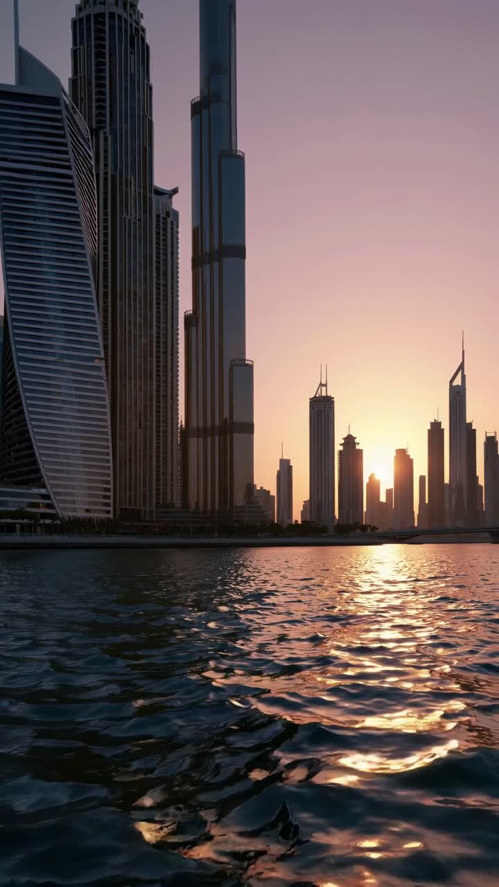 Modern skyscrapers reflecting on gently rippling water during sunset in Dubai, United Arab Emirates, create a stunning urban landscape filled with vibrant colors and architectural beauty