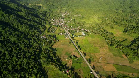 aerial drone shot of lone countryside road amid lush tropical island greenery at barangay lictin, san andres, catanduanes, philippines.