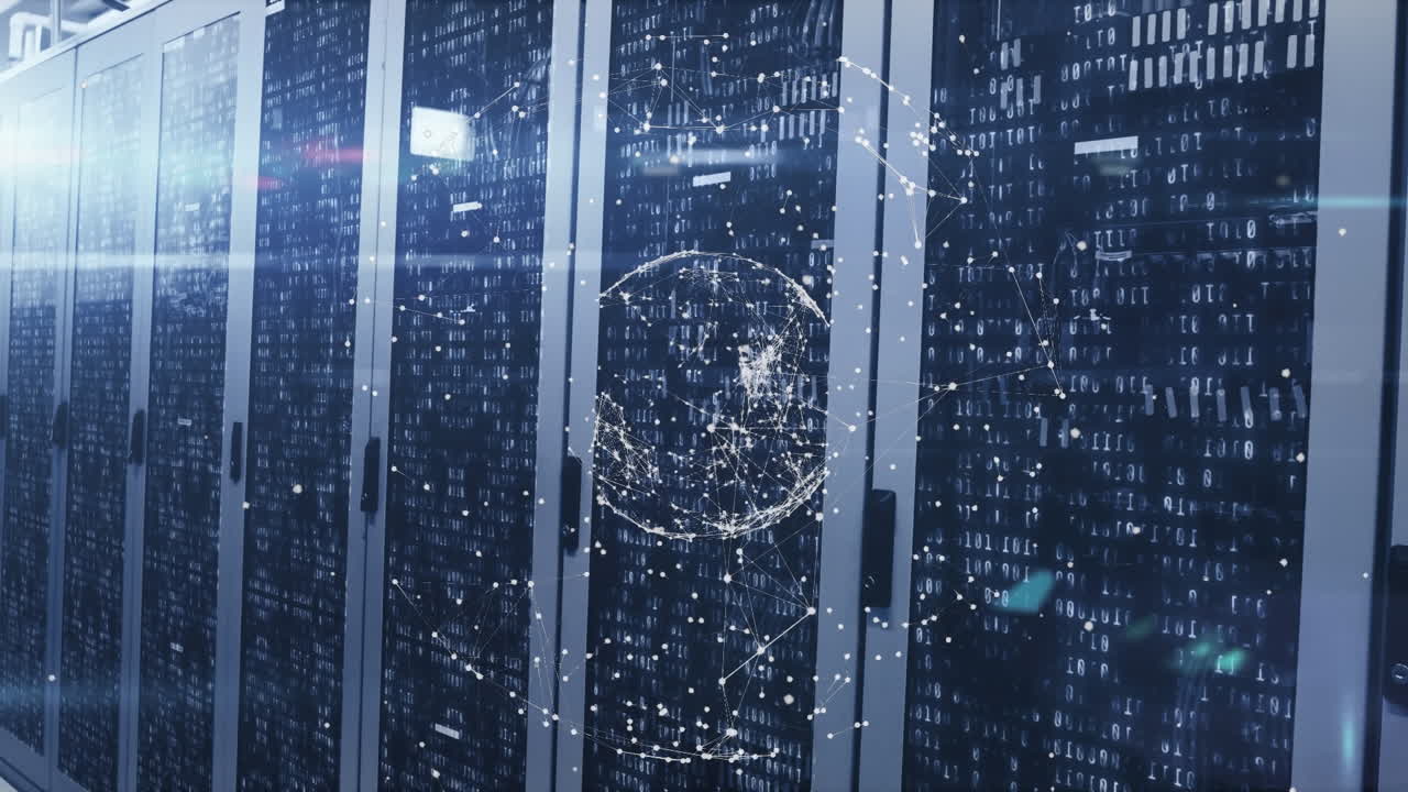 Animation of globe made of connections rotating over servers