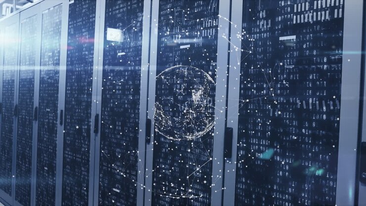 Animation of globe made of connections rotating over servers