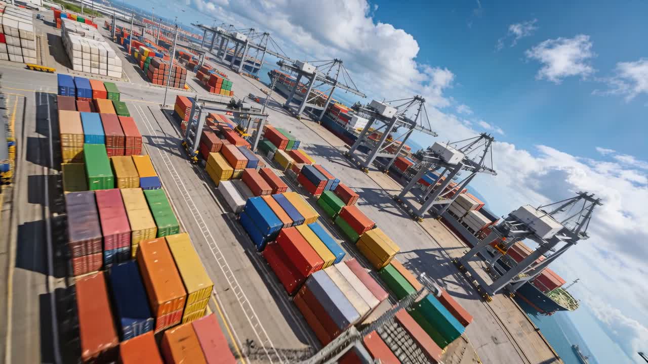 Drone in volo che sorvola un piazzale diagonale di un terminal container, mostrando gru, pile e una nave
