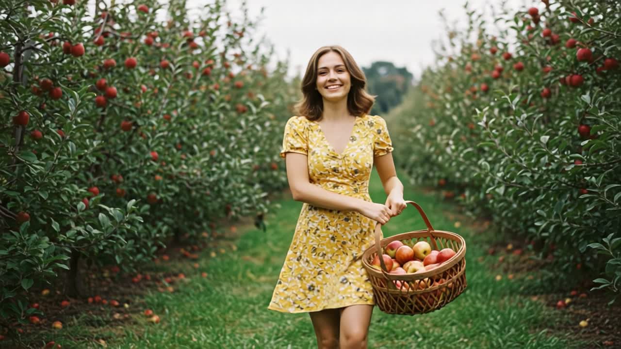 Joyful Harvest: A Young Woman Smiling in a Lush Apple Orchard, Embracing the Beauty of Nature while Carrying a Basket of Freshly Picked Apples