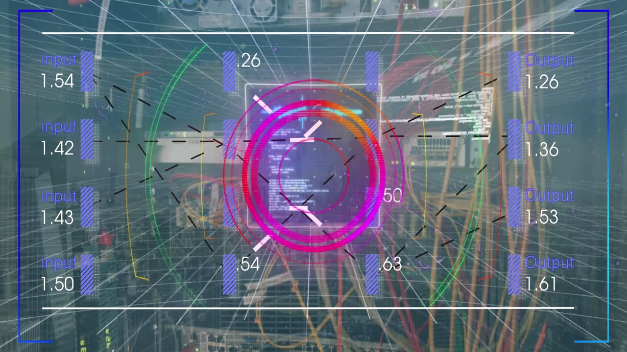 Animation of processing circle and financial data on digital screen with glitch over wires