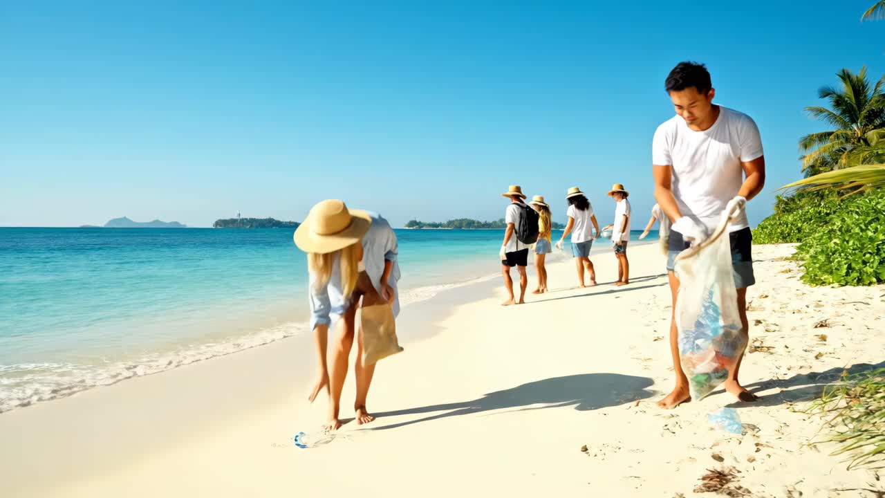 Volunteers cleaning up plastic waste on a tropical beach