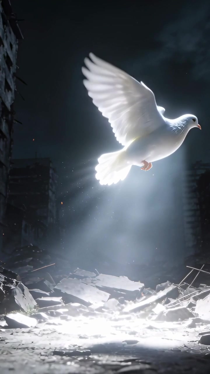 Vertical video: Spurred by light, white dove flapping up through beam in ruin over rubble and rebar
