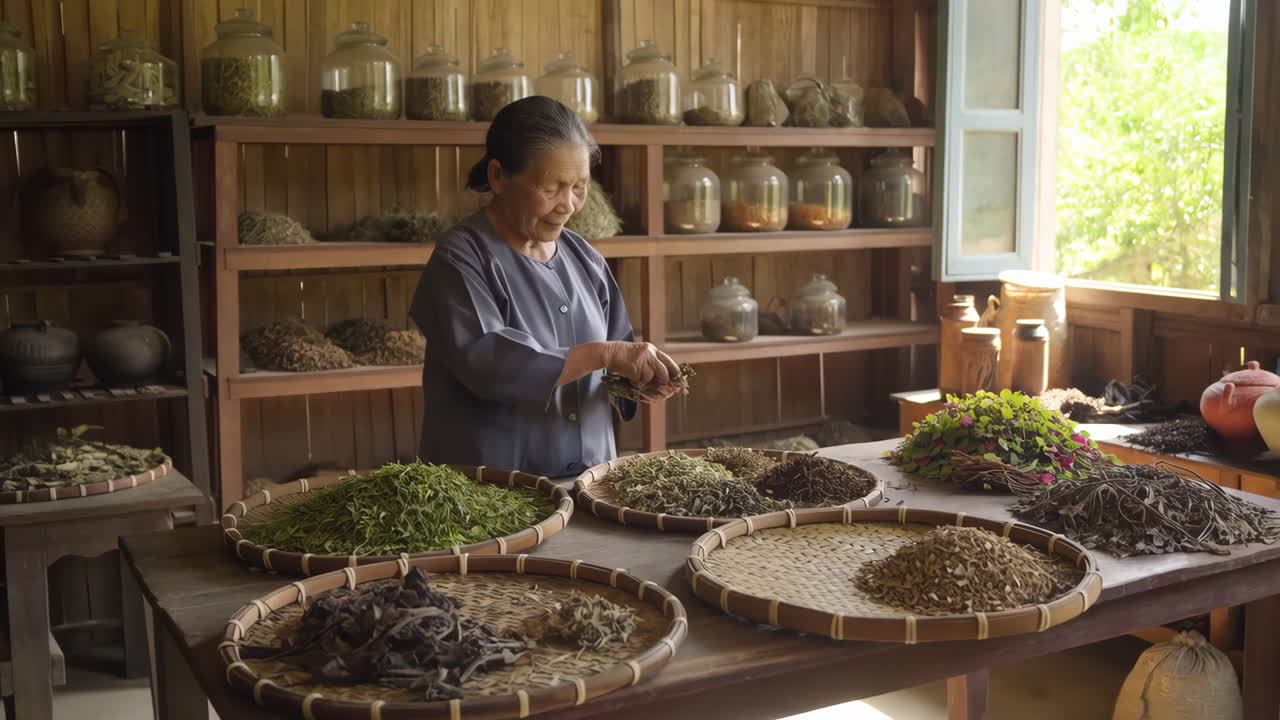 Herbalist examining dried herbs in a traditional medicine shop