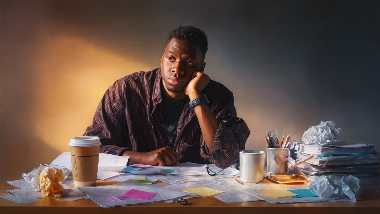 A contemplative young man, surrounded by disorganized papers and stationery, lost in thought at his cluttered desk, symbolizing the struggle of creativity and organization amidst a chaotic workspace