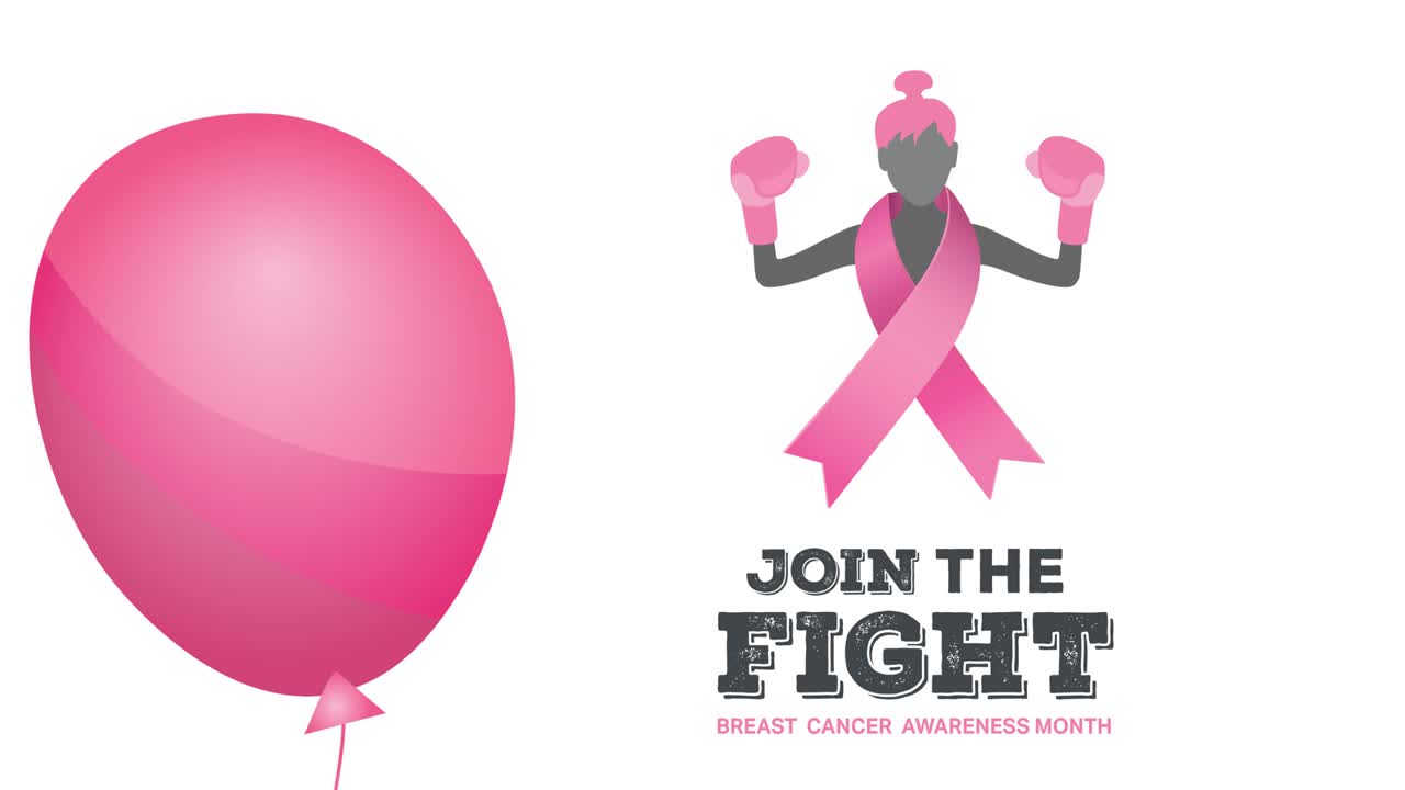 분홍색 리본 로고와 유방암 텍스트 위에 날아다니는 분홍색 풍선의 애니메이션