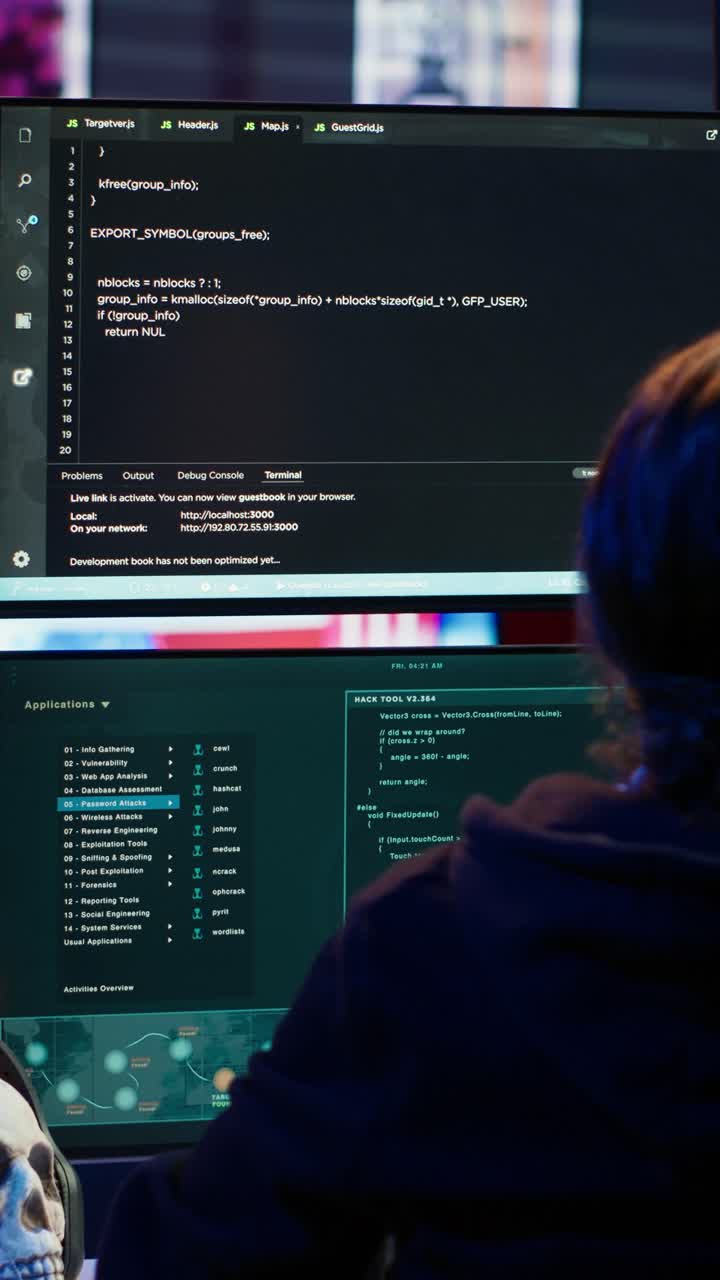 Vertical video Evil software developer building scripts that can hack devices