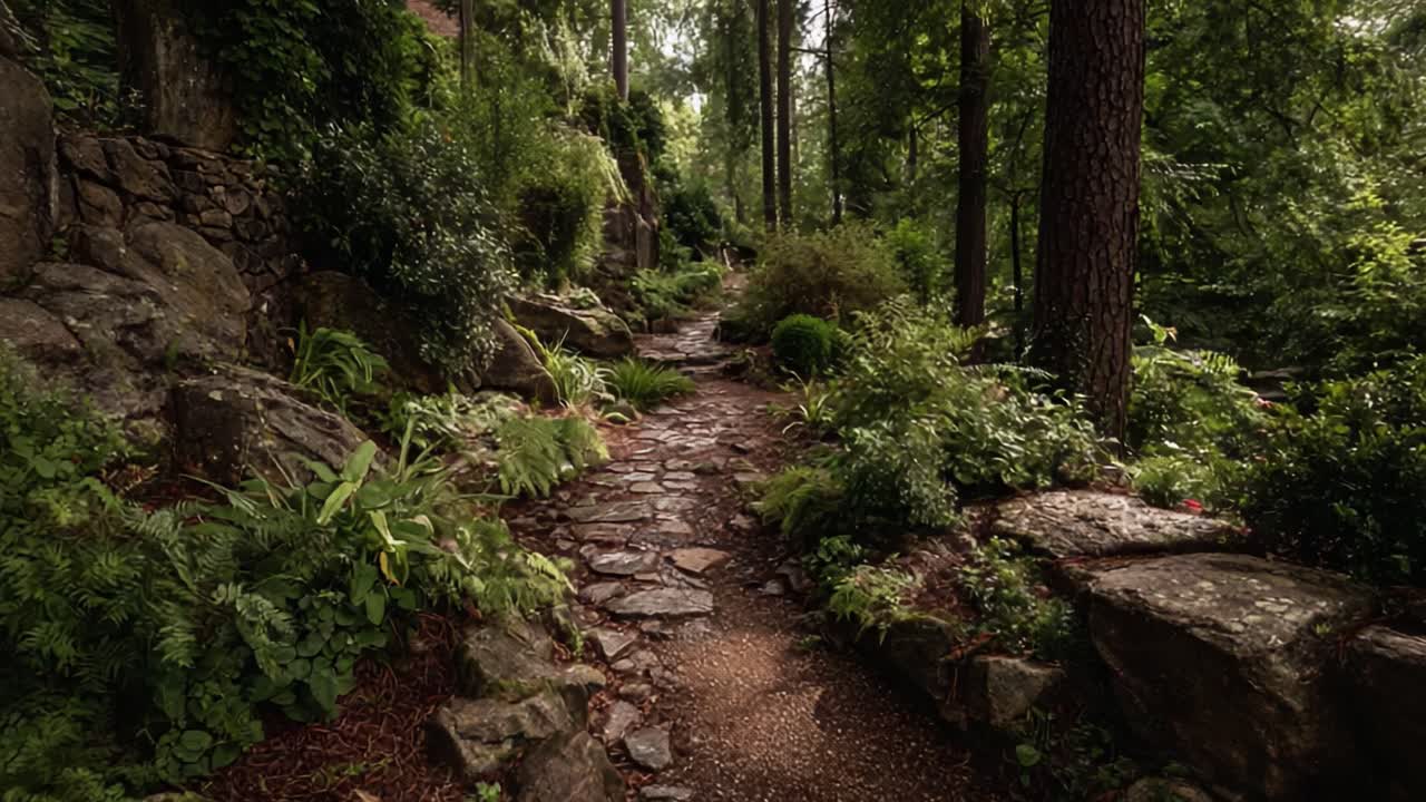 Una Passeggiata Serena Lungo un Sentiero Rigoglioso e Verde di un Giardino, Circondato da Alberi Alti e Flora Vivace, che Evoca un Senso di Tranquillità e Bellezza Naturale