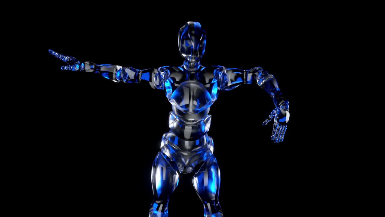 robot de baile hecho de vidrio en un fondo aislado negro. bucle sin costuras 3d render
