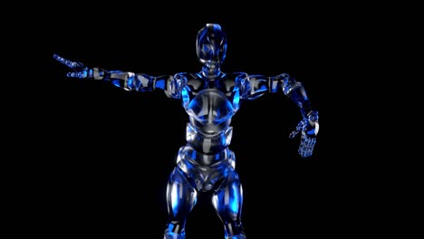 dancing robot made of glass on a black isolated background. seamless loop 3d render