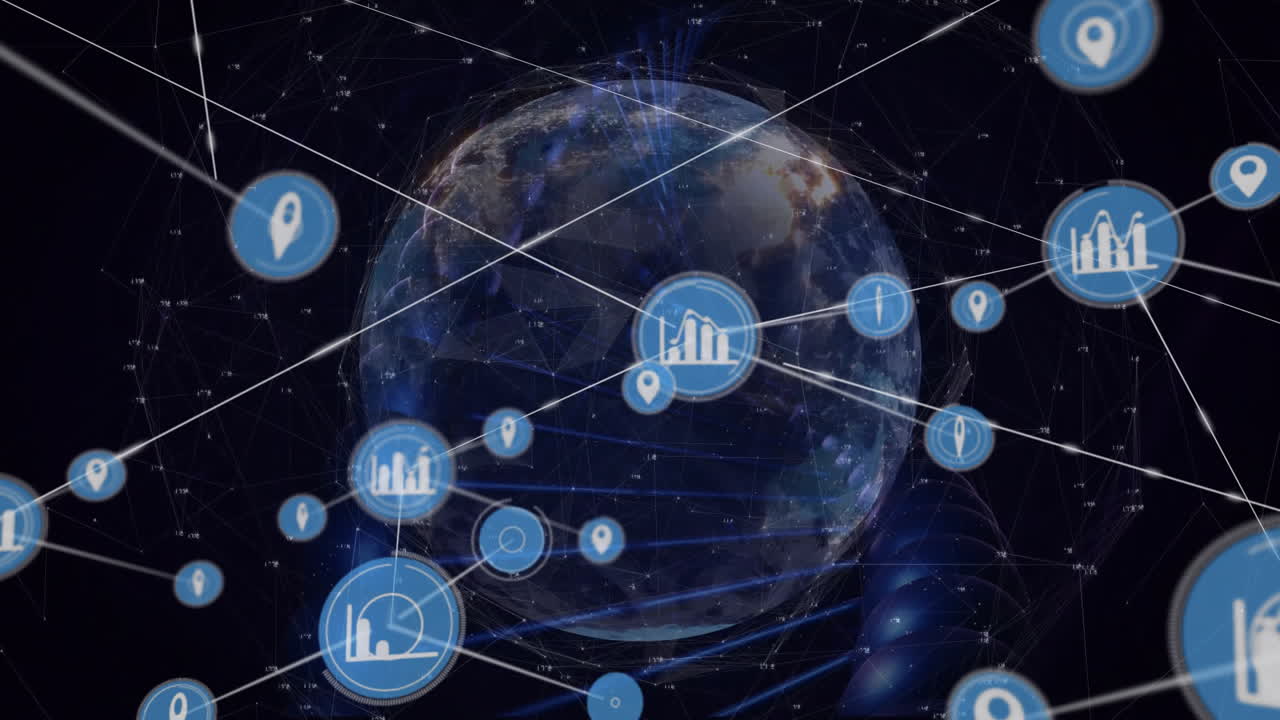 Location icons and data charts forming network animation over Earth in digital space