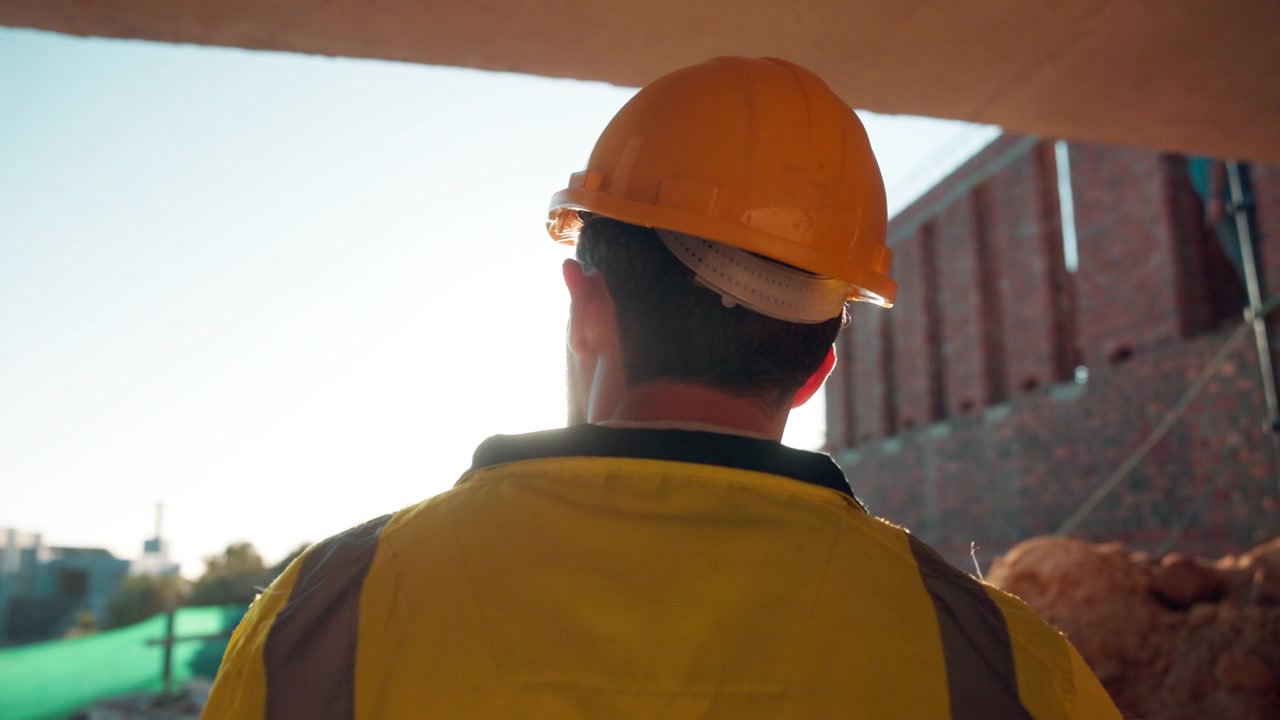 Construction Worker Wearing Hard Hat Looking at Building Site