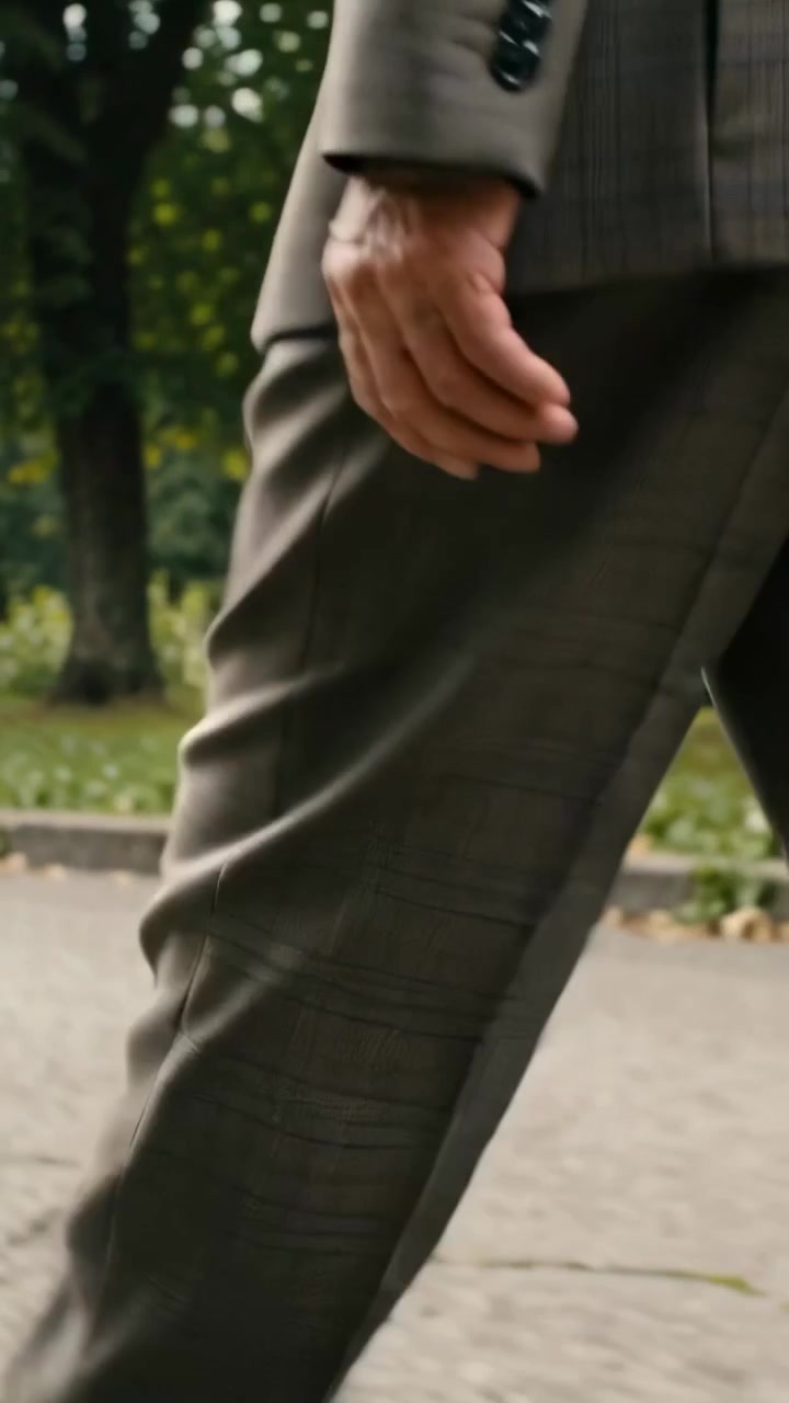 Video verticale: La telecamera segue un uomo in abito che avanza, muovendo la mano lungo il sentiero del parco.