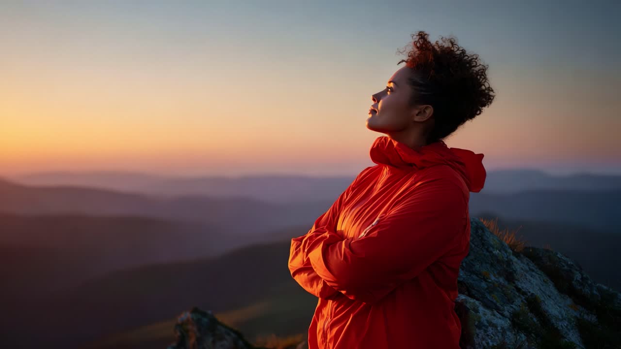 A Woman in a Vibrant Red Jacket Contemplates the Sunset from a Mountain Peak, Embracing Nature's Beauty and the Serenity of Dusk, While the Landscape Unfolds in the Background