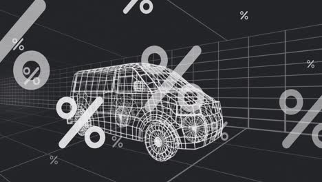 animation of multiple percentage symbols over 3d van model moving in seamless pattern in a tunnel