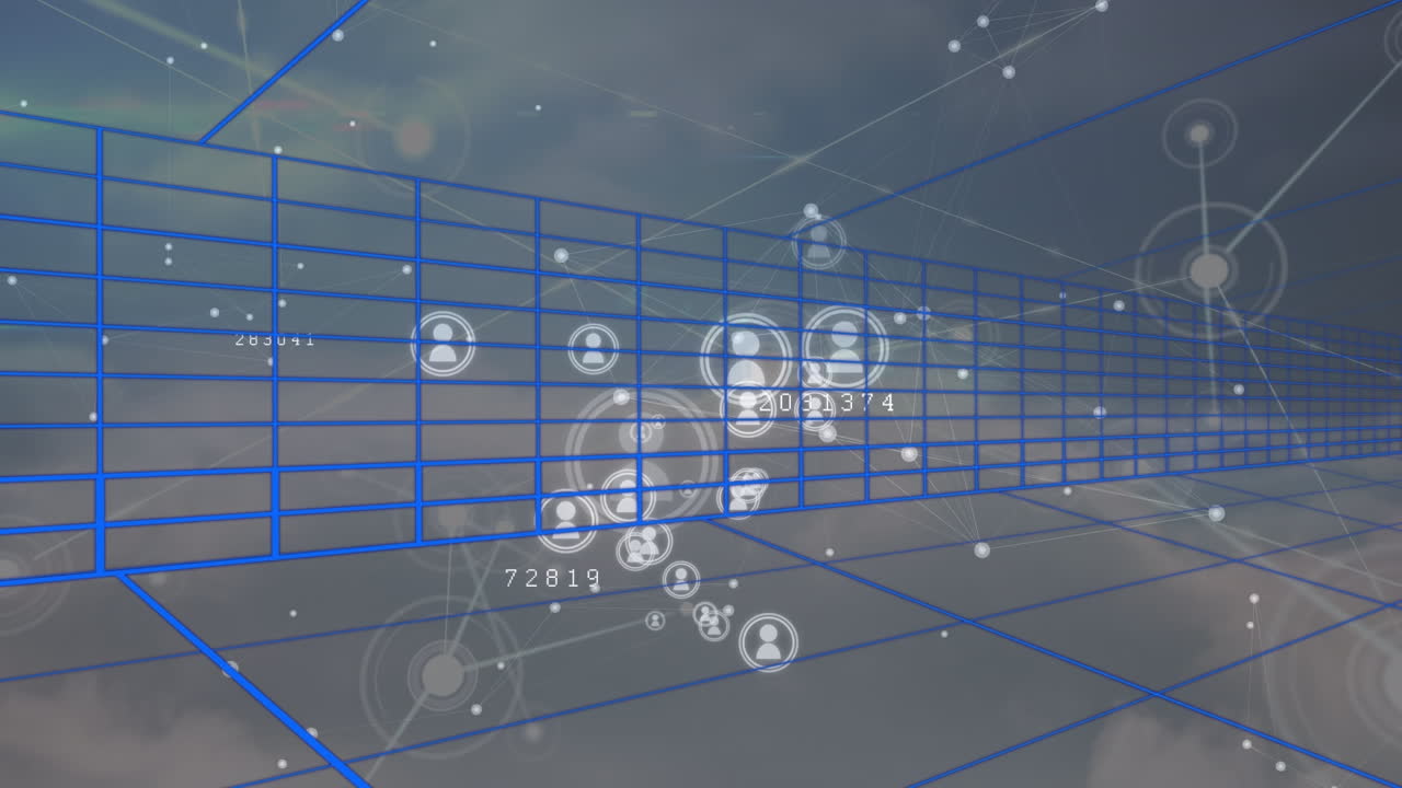 Animation of network of connections and icons over gray background