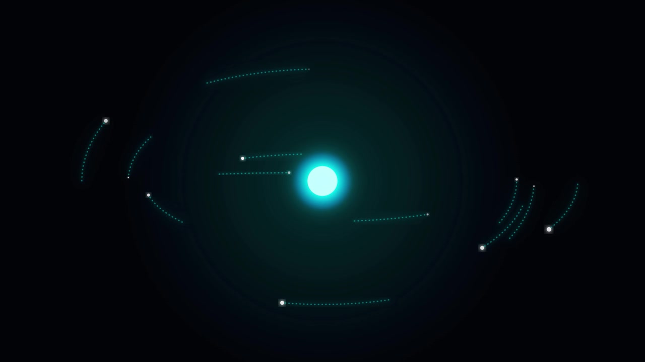 Abstract Digital Atom Model with Glowing Particles Orbiting a Central Core
