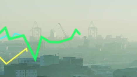 animation of lines graphs moving over cityscape under sky