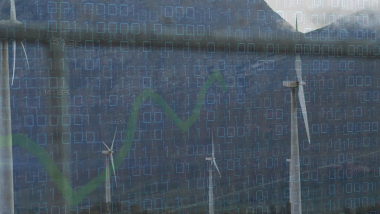 산악 숲에 의해 풍력 터빈에 대한 이진 데이터 및 그래프 처리의 애니메이션