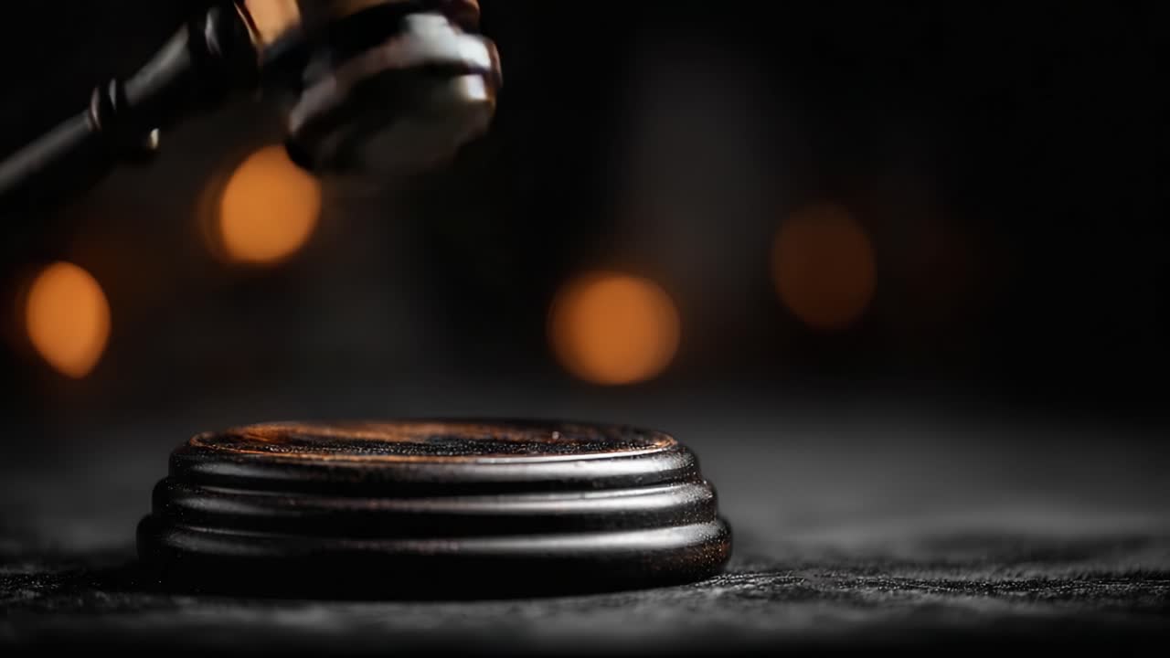 Um close-up de um malhete judicial em um fundo escuro, simbolizando a justiça e o sistema legal em um cenário dramático e poderoso