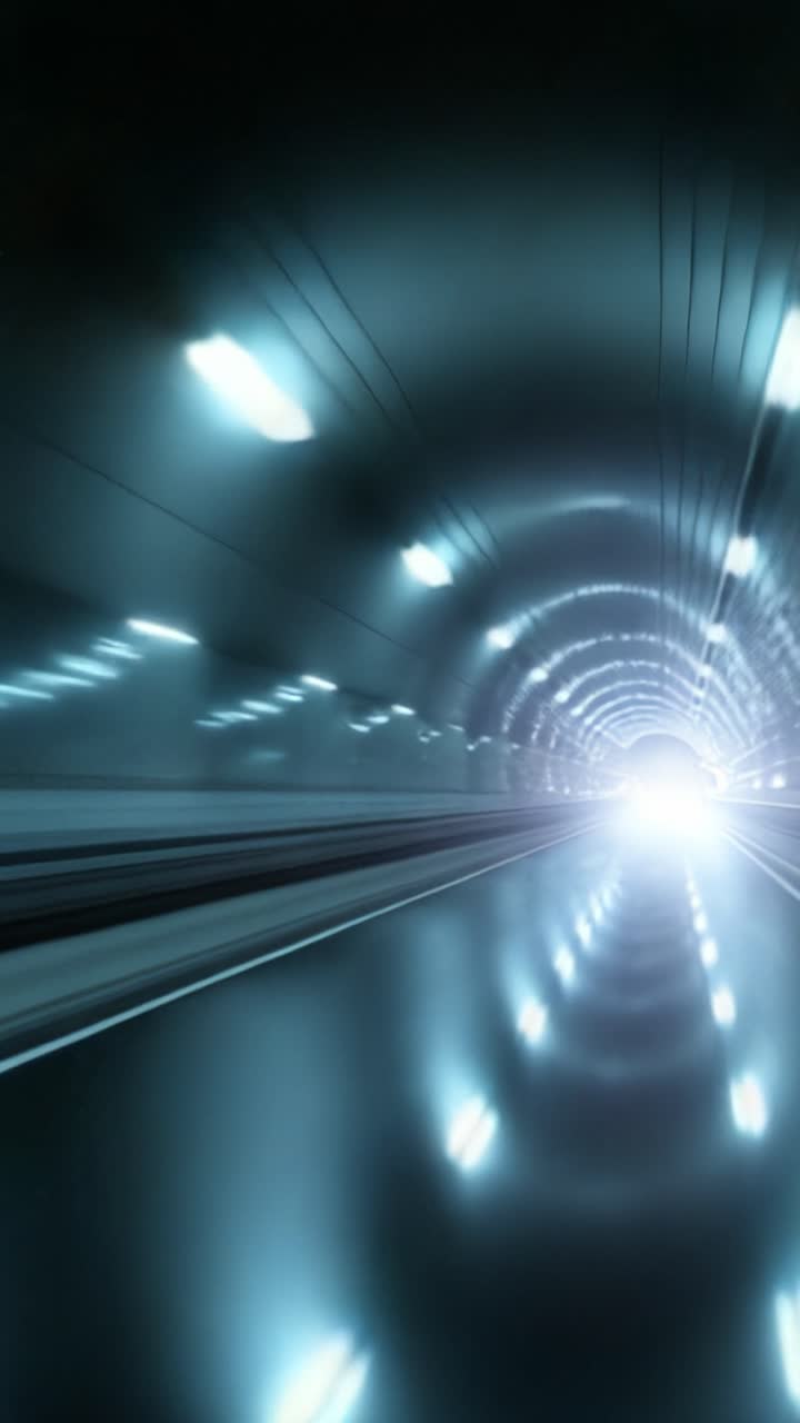Una vista accattivante di un tunnel futuristico illuminato da luci intense e un'estremità luminosa che crea un senso di velocità e movimento attraverso lo spazio buio davanti.