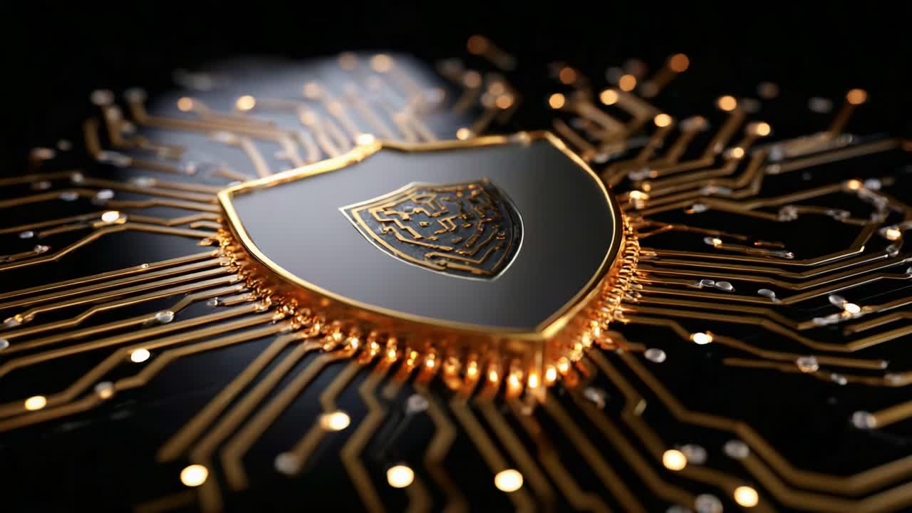 A Glimmering Shield Over a Complex Circuitry Design, Symbolizing Cybersecurity and Protection in the Digital Era, Highlighting Technology and Innovation