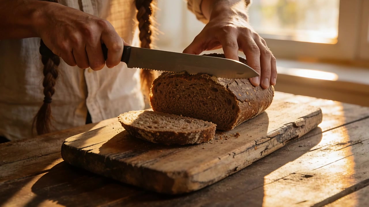 Slicing woman in linen shirt prompted by sunlight, sawing rustic loaf with serrated knife by window