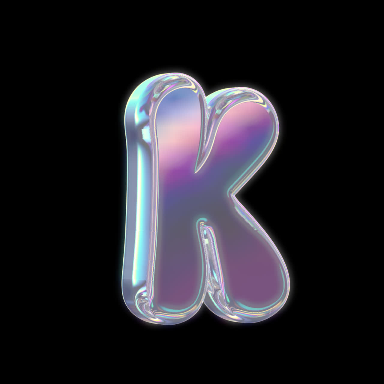 Lettera K di una bolla iridescente che ruota su sfondo nero