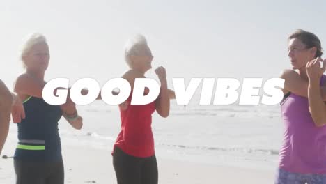 animation von text gute vibes, in weiß, über frauen, die am strand trainieren