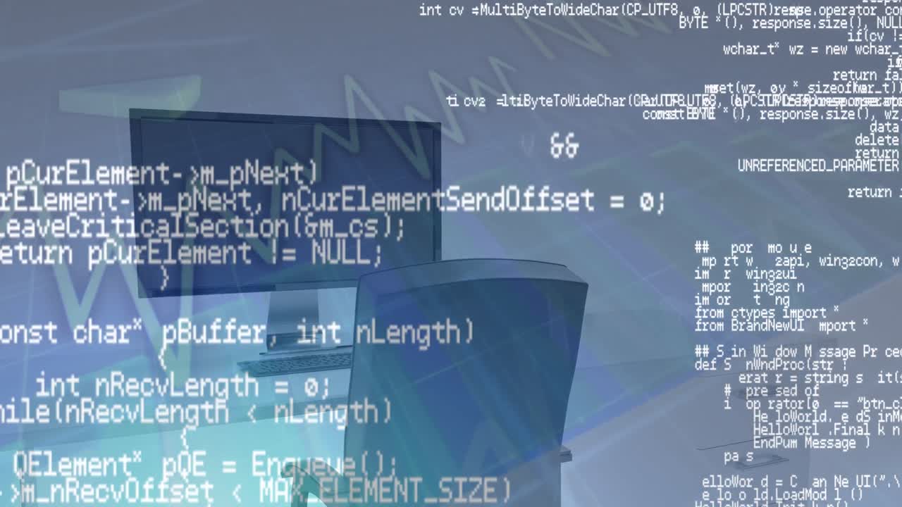 Animation of financial data processing over desk in office