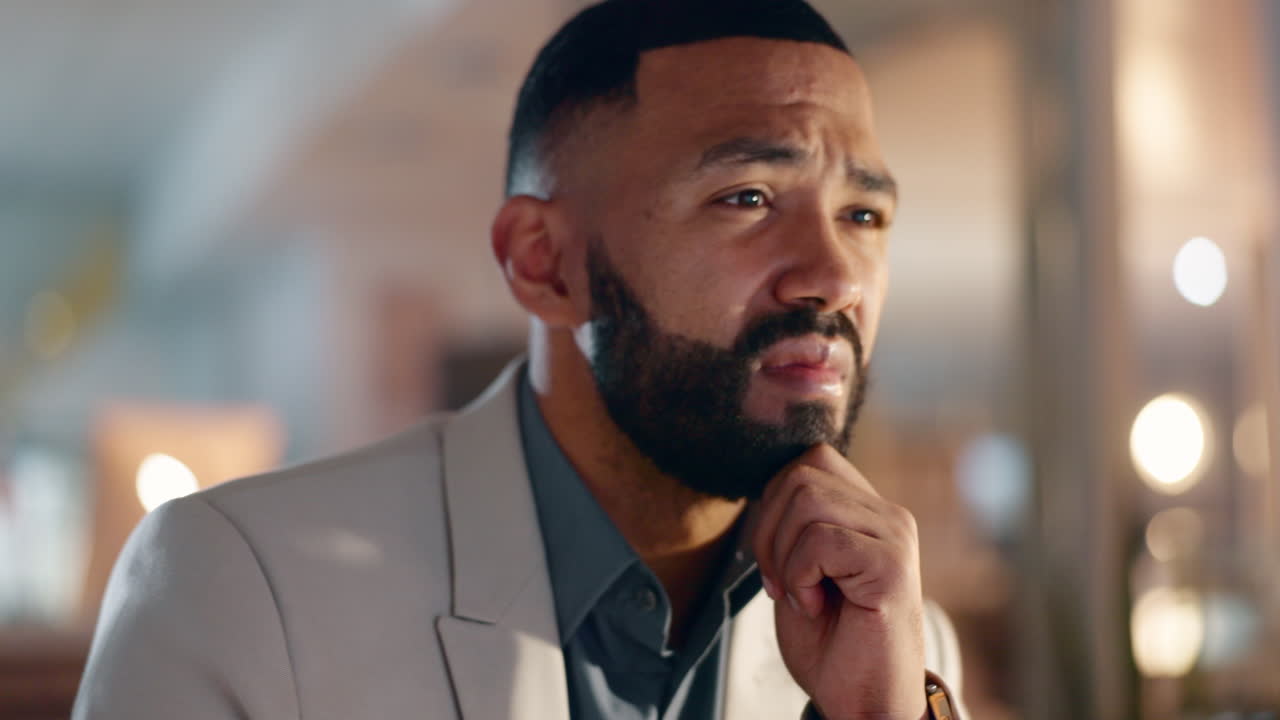 Night, thinking and man with doubt